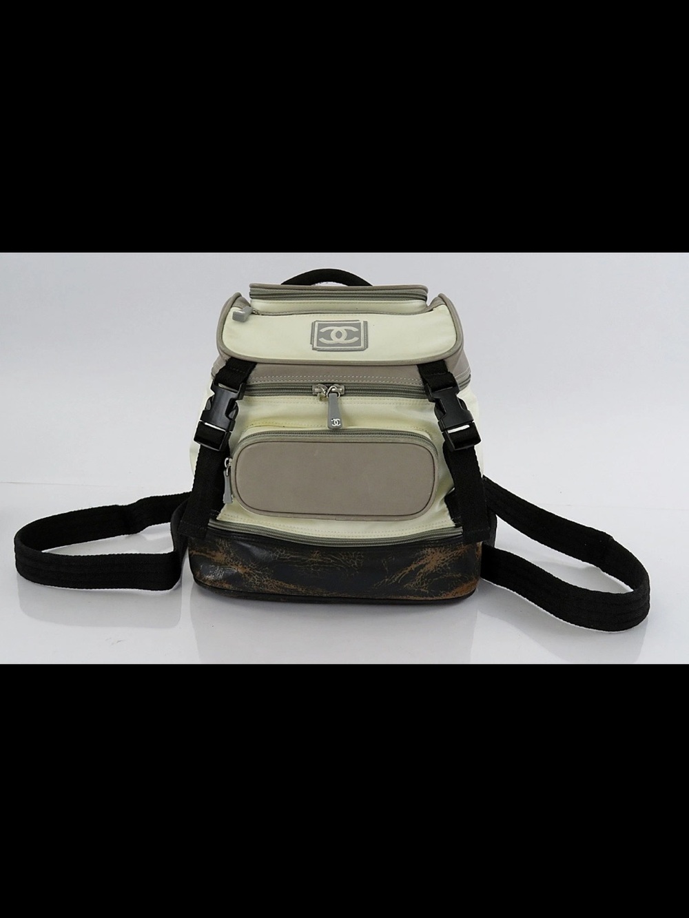 CHANEL Cream and Taupe Men's Canvas Backpack with Black Straps